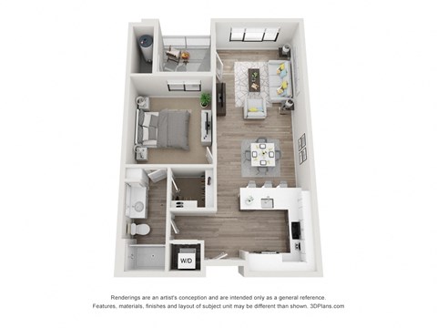 Floor plan for 1 bed, 1 bath, 755 sqft